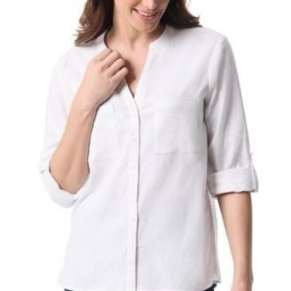 Nine West White Linen Blend Shirt V-neck Roll-tab Sleeves, Small
